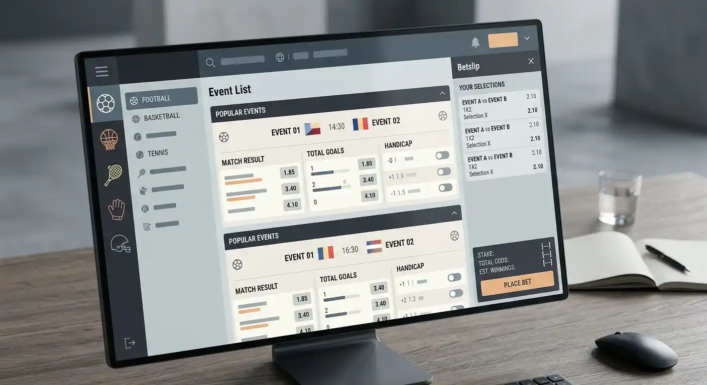 Fictief sportsbookconcept met sportpictogrammen, marktkaarten en een neutrale betslip zonder merklogo of echte wedstrijddata