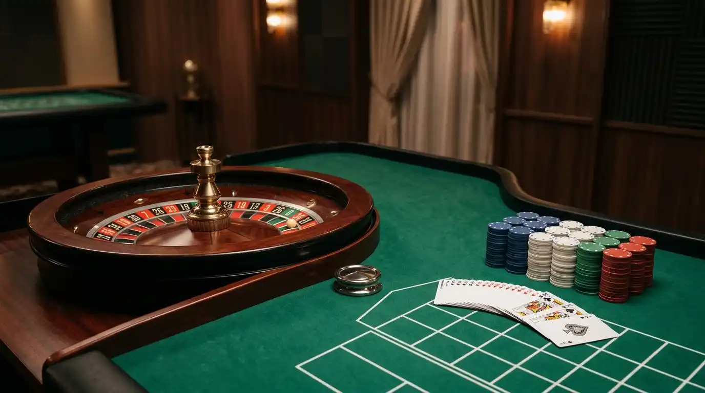 Neutrale live-casino tafel met kaarten en roulette-elementen zonder echte dealer, studio of merkinterface