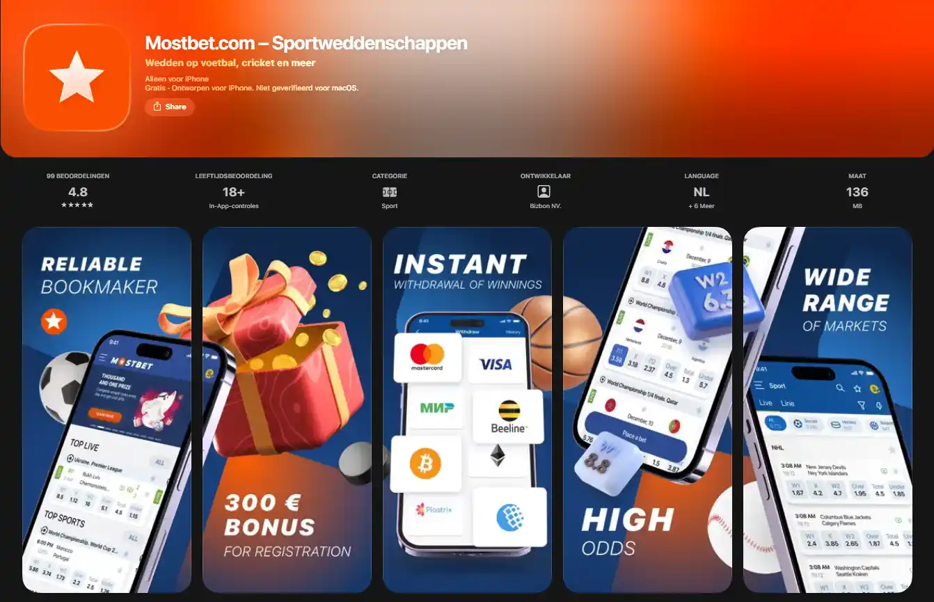 Actuele officiële Mostbet App Store-vermelding met appnaam en developer zichtbaar