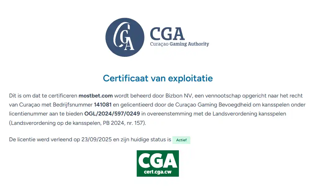 Actueel Curaçao Gaming Authority-certificaat van mostbet.com